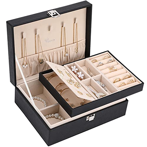 Voova Jewelry Box Organizer for Women Girls, 2 Layer Large Men Jewelry Storage Case, PU Leather Display Jewellery Holder with Removable Tray for Necklace Earrings Rings Bracelets, Vintage Gift, Black - color: Black