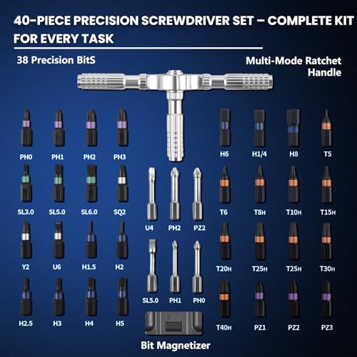 Ratcheting Screwdriver Set, 40-in-1 Magnetic Multi-Bit Driver with Dual-Direction Ratchet, Detachable T-Handle, Magnetic Booster, Extended Grip & Storage Box for Home Repair, Appliances & DIY - size: 40 PCS