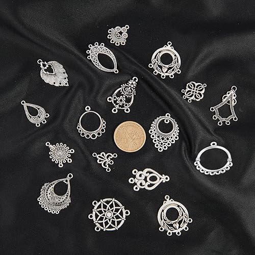 SUNNYCLUE 1 Box 64Pcs 16 Style Tibetan Earring Chandelier Charms Connector Linking Charm Findings Jewelry Making for Earring Drop and Charm Antique Silver Components - color: 64pcs 16 Styles Antique Silver