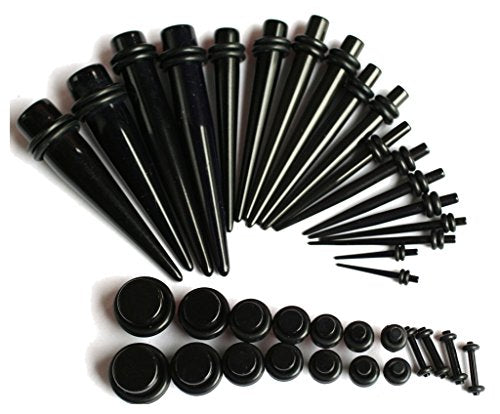 16g-00g Ear Stretching Kit Black Plugs and Tapers 00g 0g 2g 4g 6g 8g 10g 12g 14g Gauges Plus Instructions