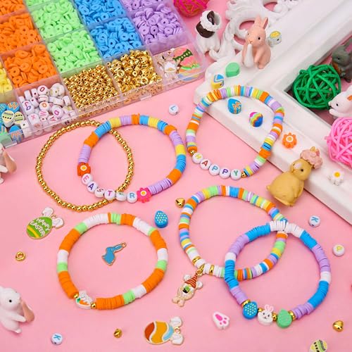 BONNY BOXX 3600PCs Easter Day Clay Beads Set, Flat Round Disc Heishi Polymer Clay Beads with Letter Beads & Charms for Friendship Bracelet Making, Easter Basket Stuffer for DIY Crafts Birthday Gifts - color: Clay Beads Set - 004