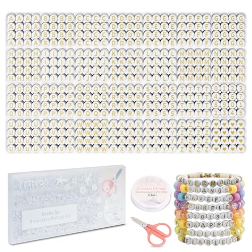 FZIIVQU 1400 Pcs Letter Beads Kit, 28 Styles White Acrylic Alphabet Letter Beads for Jewelry Making wiht Number Heart Bead Friendship Bracelet Kit - color: Golden Alphabet & White Base, size: 4*7mm