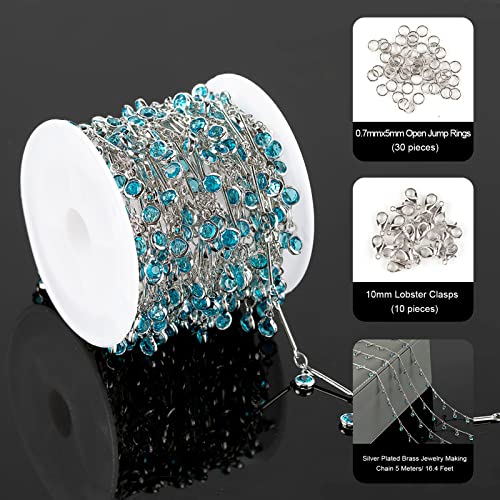 YOUBEIYEE Blue Glass Bead Chains for Jewelry Making, Dangle Crystal Silver Necklace Anklet DIY Chains Bulk with Open Jump Rings and Lobster Clasps - color: Blue Rhinestone