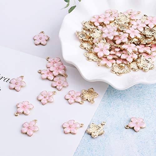 Beadthoven 100pcs Enamel Charms Cherry Blossom Daisy Flower Pendants Gold Plated Small Cute Bulk for Jewelry Making Bracelet Necklace Earrings Keychain DIY Accessories - color: 0Pink