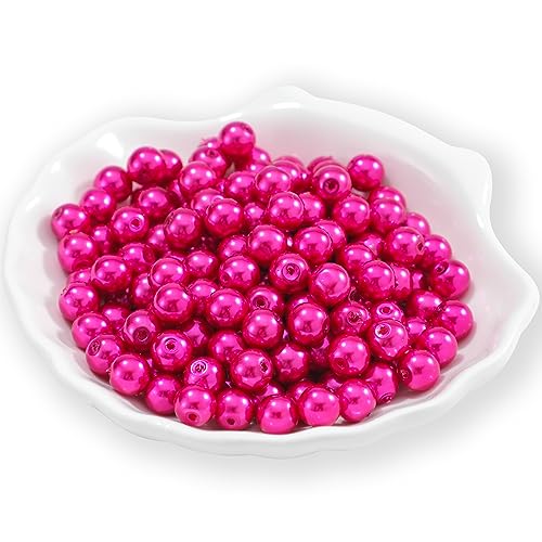 200Pcs Glass Pearl Beads Faux Pearls Round Czech Tiny Satin Luster Spacer Loose Beads Bulk with Holes Handcrafted for DIY Bracelets Jewelry Making Crafts Supplies (6MM, Fuchsia) - color: Fuchsia, size: 6MM