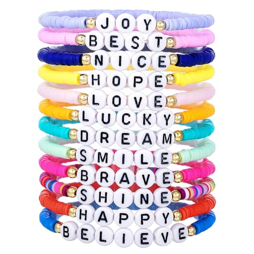 Friendship Bracelets Boho Stackable Bracelets for Women Surfer Heishi Clay Bead Bracelets Stretch Preppy Bracelets Colorful Boho Bracelets for Women - color: 12 pcs JOY