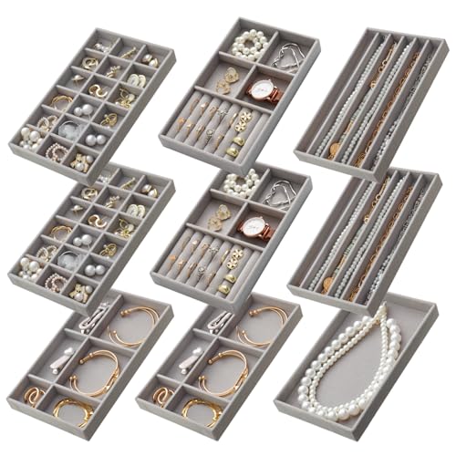Stackable Jewelry Organizer Trays Set of 9, Small Velvet Jewelry Organizers Earring Necklace Ring Bracelet Display Case Storage for Drawer Dresser (Grey) - color: Grey