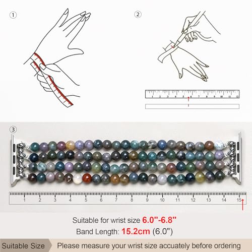 Newlibery Natural Stone Bracelet Beaded-Band Women Compatible with Apple Watch 42mm(S3/2/1) 44/45/46/49mm Feminine Handmade Stretch Strap for iWatch Series 11/10/9/8/7/6/5/4/3/2/1 SE 3/2/1 Ultra1/2/3 - color: A1 Indian Agate, size: 46(S10/11)/49/45/44/42m