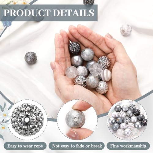 Ferreve 20 Pcs Chunky Bubblegum Beads 20mm Focal Pen Large Rhinestone Pearl Beads for DIY Beadable Pen School Jewelry Making Keychain Craft Making (Silver) - color: silver