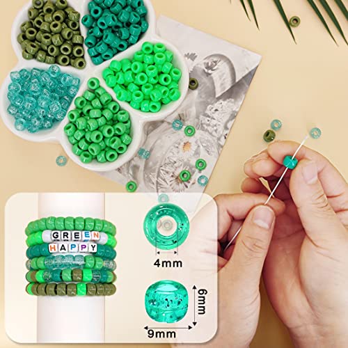 MIIIM 1000PCS 6x9mm Pony Beads Bulk, 5 Styles Green Pony Beads for Bracelets Making Kit, Kandi, Hair Braids Crafts for Jewelry Making (Green) - color: Green
