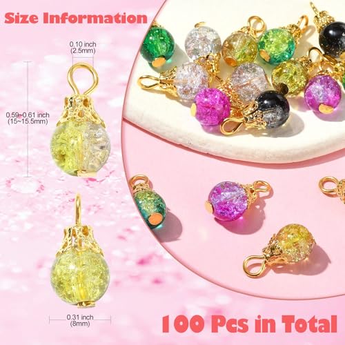 Ipotkitt 100 Pcs Crackle Glass Round Bead Charms Colorful Drop Crystal Bead Charms Mini Dangle Beads for Jewelry Making DIY Necklace Earring Accessory - color: 100pcs-Crackle Glass Charms-15~15.5mm