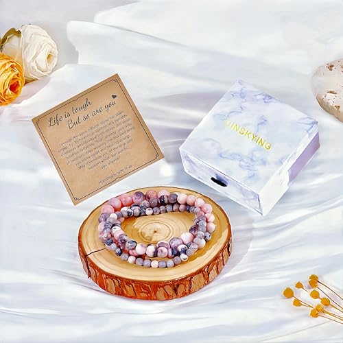 3Pcs Healing Crystal Turquoise Bracelets for Women Men 8mm 6mm 4mm Natural Stone Beaded Stretch Bracelet Jewelry Gifts for Women Girl - color: T5-Pink Zebra Jasper