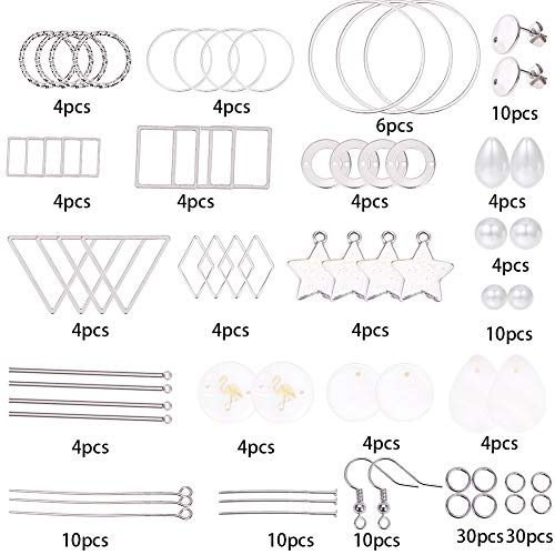 SUNNYCLUE 1 Box DIY 10 Pairs Geometric Hollow Earring Making Starter Kit Shell Ring Round Square Star Triangle Charm Connector Earring Stud Hooks Jewelry Making Supplies Craft Silver, Instruction - color: Diy 10 Pairs Earrings-style 2