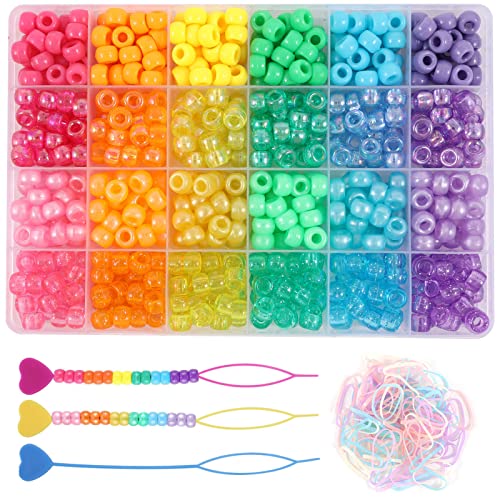 Kandi Beads Bracelet Making Kit, 720pcs Rainbow Pony Beads for Jewelry Making DIY Crafts for Women, Hair Bead for Braids with 3 Hair Beaders Rubber Bands - color: 24 Color-3