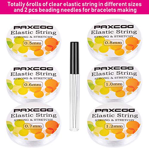 Elastic Thread for Jewelry Making, Paxcoo 6 Rolls Beading String for Bracelet Making, Clear Jewelry String Bracelet String with 2 Pcs Beading Needles for Bracelets and Jewelry Making (Assorted Sizes) - style: Crystal Clear