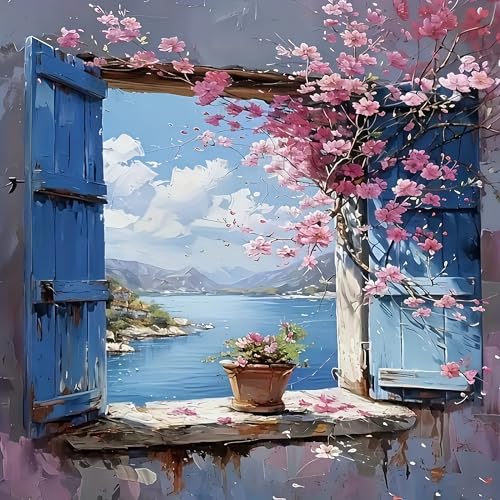 CHWGLFGG 5D Diamond Art Kits for Adults Beginners, Blossom Window Scenery Diamond Painting Kits, DIY Full Round Drill Paint by Diamonds Dot Gem Art for Adults, Home Wall Decor 13.7X 13.7 Inch - color: KM944-1