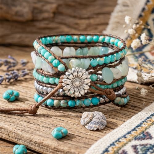 YGLINE Women Boho Handmade Natural Stone Crystal Leather Bead Wrap Bracelets Collection - color: Amazonite