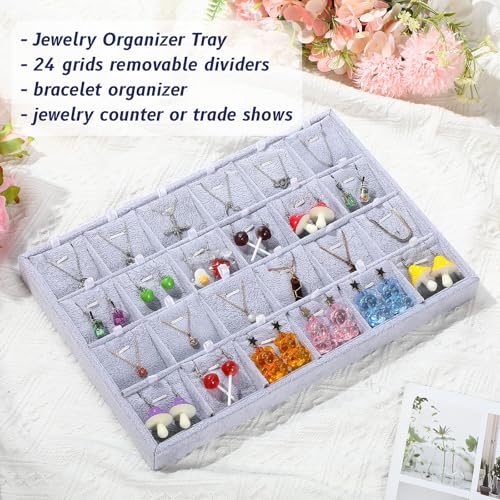 2 Pcs 24 Grid Stackable Jewelry Organizer Tray with Removable Dividers Ice Velvet Jewelry Display Showcase Tray for Necklace Earring Ring Bracelet Holder(Grey Velvet) - color: Grey Velvet