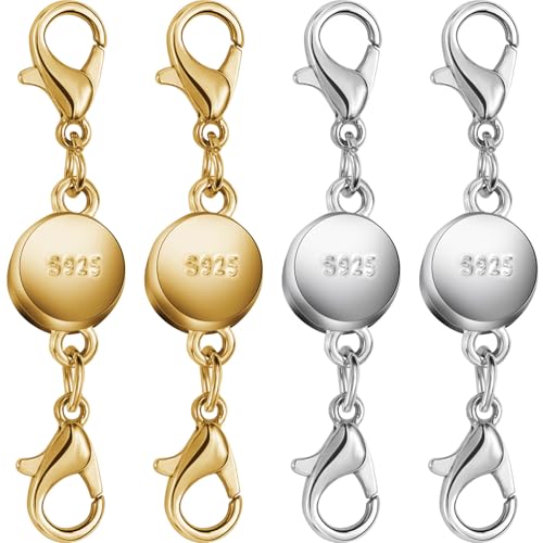 925 Silver and Gold Magnetic Necklace Clasps, Round Necklace Clasp Closures for Jewelry Making,Magnetic Necklace Clasps and Extenders,for Bracelet Necklace and Accessories (4pcs | Gold Silver) - color: 4pcs | gold silver