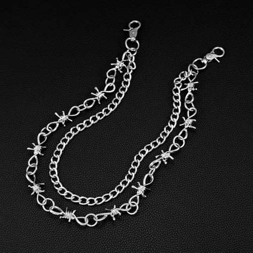 Layered Punk Pants Chain for Men Women, Gothic Hip Hop Jean Chain Wallet Chain Biker Trouser Chain, Goth Emo Fashion Keychain Accessories - color: 2L-Silver Barbed