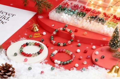 DUQGUHO Christmas Beads, Christmas Beads for Jewelry Making, 8mm Red Green White Round Glass Beads Kit 360PCS - color: 10-Red Green White