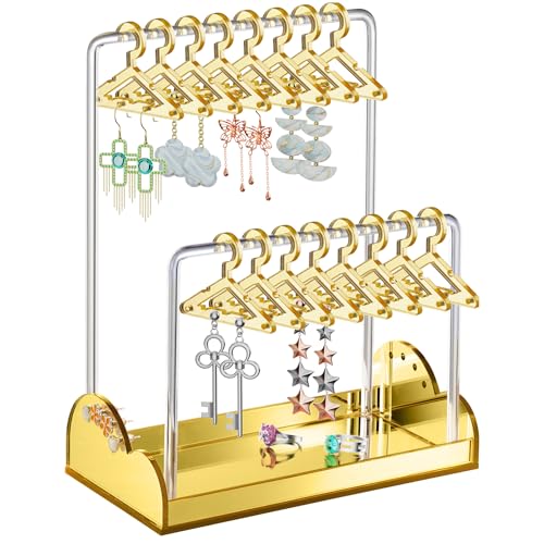 NiHome Acrylic Earring Holder with Unique Double-Tiered Design, Cute Miniature Clothing Hangers with Spacious Storage for 48 Pairs, Display for Home Vanity & Retail Showrooms(Gold, With Tray) - color: Gold, size: With Tray