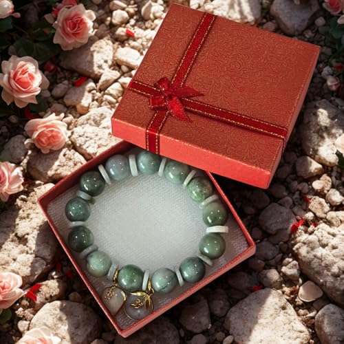 Natural Green Jade Beaded Bracelet with White Jade Spacer & Heart Charm – Elastic Stretch Crystal Bracelet for Luck, Love & Protection – Gift Box Included