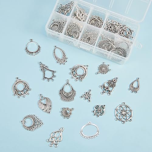 SUNNYCLUE 1 Box 64Pcs 16 Style Tibetan Earring Chandelier Charms Connector Linking Charm Findings Jewelry Making for Earring Drop and Charm Antique Silver Components - color: 64pcs 16 Styles Antique Silver