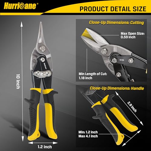 HURRICANE 10 Inch Aviation Tin Snips, Straight Cut Shears for Sheet Metal, Aluminum, Gutter & DIY Projects, Regular Straight Cutting Sheet Metal Cutter - size: 10 Inch Regular: Straight Cut