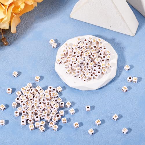 FASHEWELRY 500Pcs White Golden Letter Beads 4.5mm Square Alphabet Beads Acrylic Cube Letter N Beads for Friendship Bracelet Necklace Keychains Jewelry Making - color: Letter N