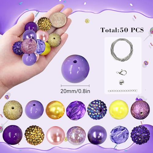 50Pcs Purple Yellow Chunky Bubblegum Beads, 20mm Chunky Bubble Gum Beads for DIY Beadable Pens Bracelets Necklaces Pearl Beaded Craft Jewelry Making - color: Purple+Deep Yellow