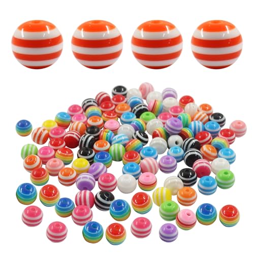 200pcs 8mm Resin Rainbow Beads, Plastic Stripe Multicolor Beads for Jewelry Making, DIY Bracelets, Earrings, Keychains & Craft Projects (Mixed) - color: Mixed