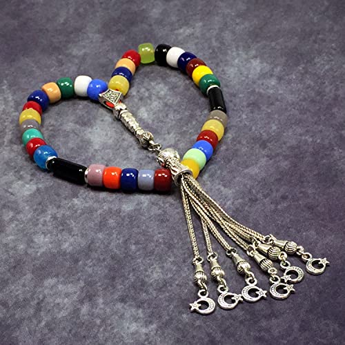 Simple Designed Natural Stone Worry Beads - Prayer Beads Tesbih-Tasbih-Tasbeeh-Misbaha-Subha-Sebha-Sibha-Rosary (Multi Color Resin Drum -8X6 mm- 33 Beads) - color: Multi Color Resin Drum -8X6 mm- 33 Beads