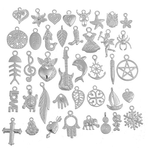 RUBYCA 40Pcs Wholesale Lot Tibetan Mix Pendant Charm White Silver Plated Metal Jewelry Making Mix7 - color: Mix 7, size: 40 PCS