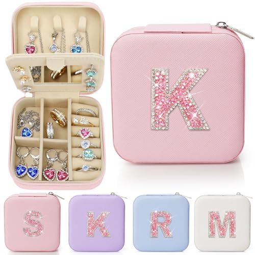 Sparkling Initial Jewelry Box Organizer,Personalized Travel Jewelry Box for Girls & Women,Glitter Rhinestone Jewelry Case Gifts for Mother's Day,Birthday,Christmas,Small Size (Pink, K) - color: Pink, size: K