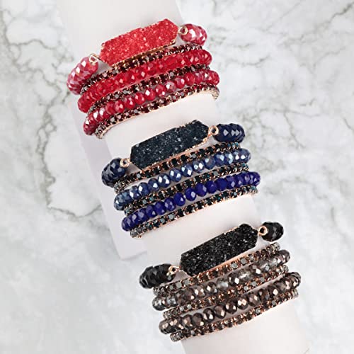 RIAH FASHION Bohemian Acrylic Druzy Multi-Layer Bead Statement Bracelet - Versatile Faux Stone Pendant Stretch Strand Stackable Cuff Bangle Set Sparkly Crystal - color: Druzy Bar Sparkly Mix Set - Red