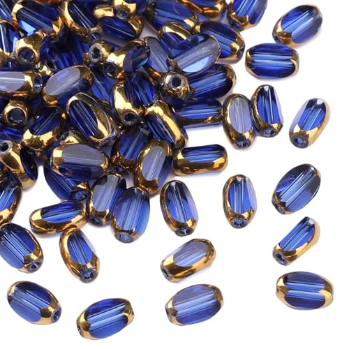 Glass Rice Beads Clear Royal Blue 4x6mm 50pcs Faceted Oval Golden Edge Crystal Loose Beads for DIY Craft Jewelry Making - color: Clear Royal Blue