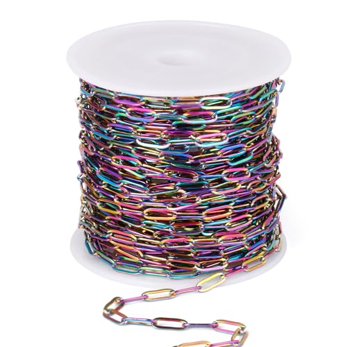 [33 Ft] Stainless Steel Paperclip Chains Roll, 2.5mm Width Rainbow Plated Stainless Steel Oval Link Chains Spool Bulk for Jewelry Making - color: colorful(2.5mm)