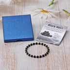 QOGIR 14k gold Handmade Healing Bracelet, Natural Gem Stone Crystal Elastic Gold Bracelet - color: Black Onyx - Protecting and Grounding, size: 6m
