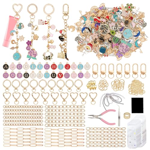 432Pcs Charms Lip Gloss Keychain Making Kit, DIY Craft Supplies with 25 Keychains Clips 25 Extender Chain 175 Charm Jewelry Plier, DIY Keychains Kit, for Keychain Making Supplies DIY Crafts (432Pcs)