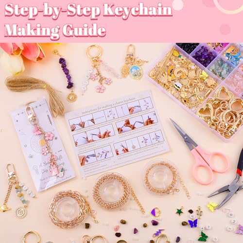 TOHONGADON 907 Pcs Lip Gloss Charms, Keychain Making Kit, Bag Charm Kit with 5 Kinds of Crystal Stones, 343 Charms, 24 Keychain Clips, Key Ring Jewelry Plier, Extender Chain for DIY Crafting - color: 907 Pcs Keychain