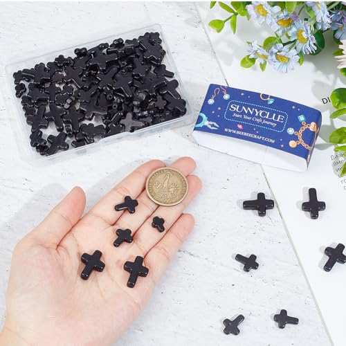 SUNNYCLUE 1 Box 90Pcs Black Cross Beads 3 Sizes Small Stone Cross Bead 10/16/20mm Mini Tiny Synthetic Turquoise Gemstone Beads Charms Easter Holiday Pocket Crosses for Jewelry Making Kits - color: 90pcs 10/16/20mm Black Cross Beads