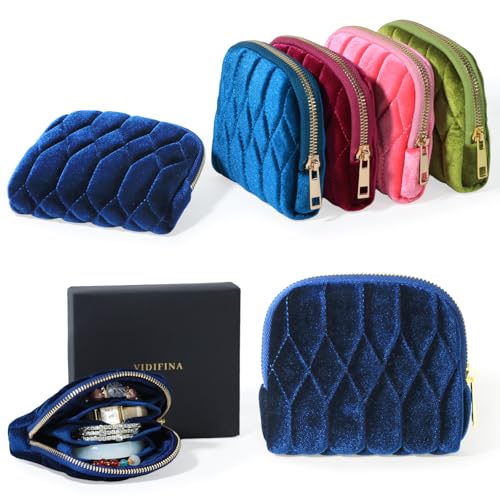 Small Travel Jewelry Case, Mini Travel Jewelry Bag with Zipper, 5-Layer Velvet Organizer Pouch for Bracelet Rings Earrings - Diamond Stitched Velvet Navy Blue - color: NavyBlue