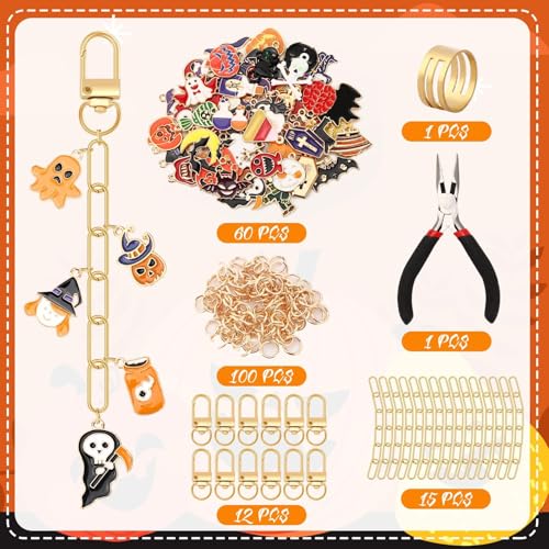 AUGSUN 189Pcs Halloween Keychain Making Kit, Charm Making Crafts 60 Halloween Charms 12 Keychain Clips Hooks 15 Extender Chains 100 Jump Ring for Crafts Accessories Holiday Gifts - style: Halloween