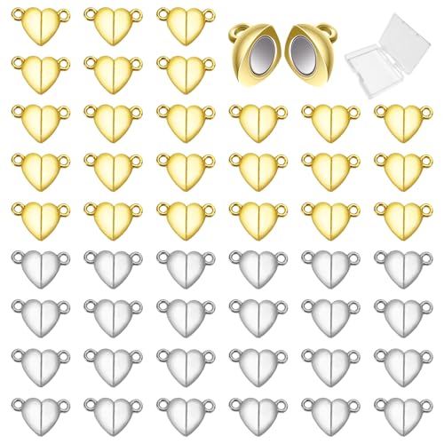 40 PCS Heart Shaped Metal Magnetic Clasps Accessories Gold Silver Color Love Buckle Pendant Necklace for Magnetic Breakaway Clasp for DIY Making Jewelry Accessories