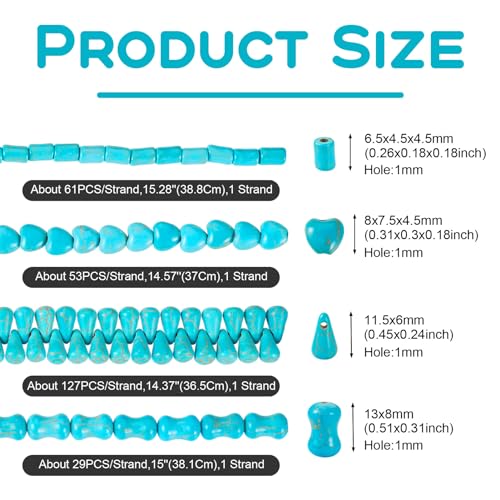 Craftdady 270Pcs Blue Turquoise Beads Teardrop Heart Column Bone Gemstone Beads Spacer Stone Bead Strands for Boho Crafts DIY Jewelry Making Supplies - color: Turquoise, 4 Shapes