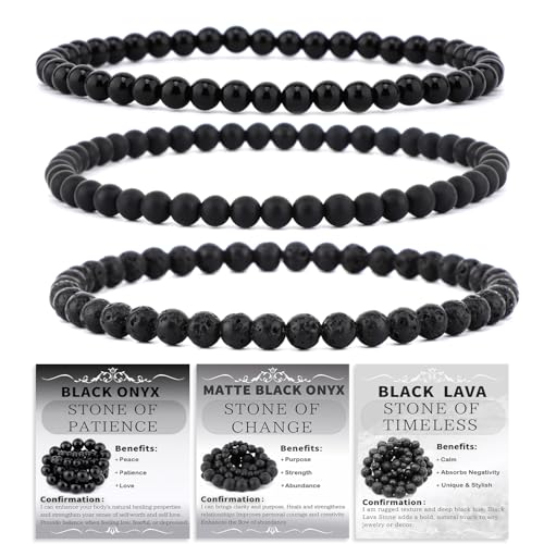 2/3-Pieces 4mm 6mm 8mm Natural Crystal Gemstone – Handmade Reiki Energy Healing Stretch Bracelets Jewelry for Yoga, Meditation, Unisex - color: 3 Pieces (BlackLava&BlackOnyx&MatteBlackAgate), size: 4mm