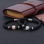 Ourania Onyx Lion Stone Bracelet Men - Black Onyx Beaded Stainless Steel Leo Head Bracelet Women 8mm - color: Silver