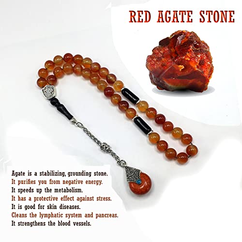 Simple Designed Natural Stone Worry Beads - Prayer Beads Tesbih-Tasbih-Tasbeeh-Misbaha-Subha-Sebha-Sibha-Rosary (Red Agate Natural Stone -8 mm 33- Beads/Drop Tassel) - color: Red Agate Natural Stone -8 mm 33- Beads / Drop Tassel