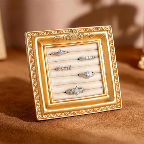 Vintage Ring Holder Rectangle Gold Velvet Display Stand - Baroque Jewelry Organizer Box Tray for Wedding Engagement Anniversary Women Birthday Christmas Gift Photograph Prop (MPF05-Gold Beige) - color: MPF05-Gold Beige